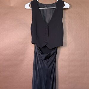 Zara Black Satin Two-Piece Maxi with Vest Dress
